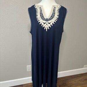 Max Studio Navy Dress with Cream Crochet Accents
